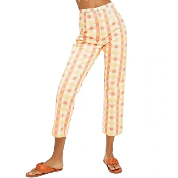 Free People She’s All That Orange Yellow Picnic Gingham Checker Crop Pants - 8 - Picture 3 of 15